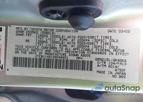 2005 Toyota 4Runner Sr5 Sport V6 z USA, uszkodzony, nr VIN JTEBU14R158046601